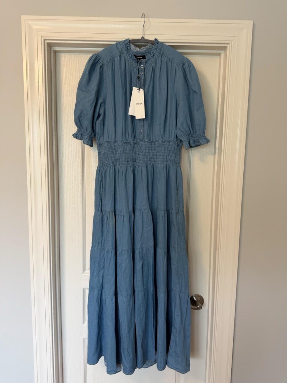ME+EM Chambray Blue Shirred Cotton Maxi Shirt Dress Size 8 - Picture 2 of 7